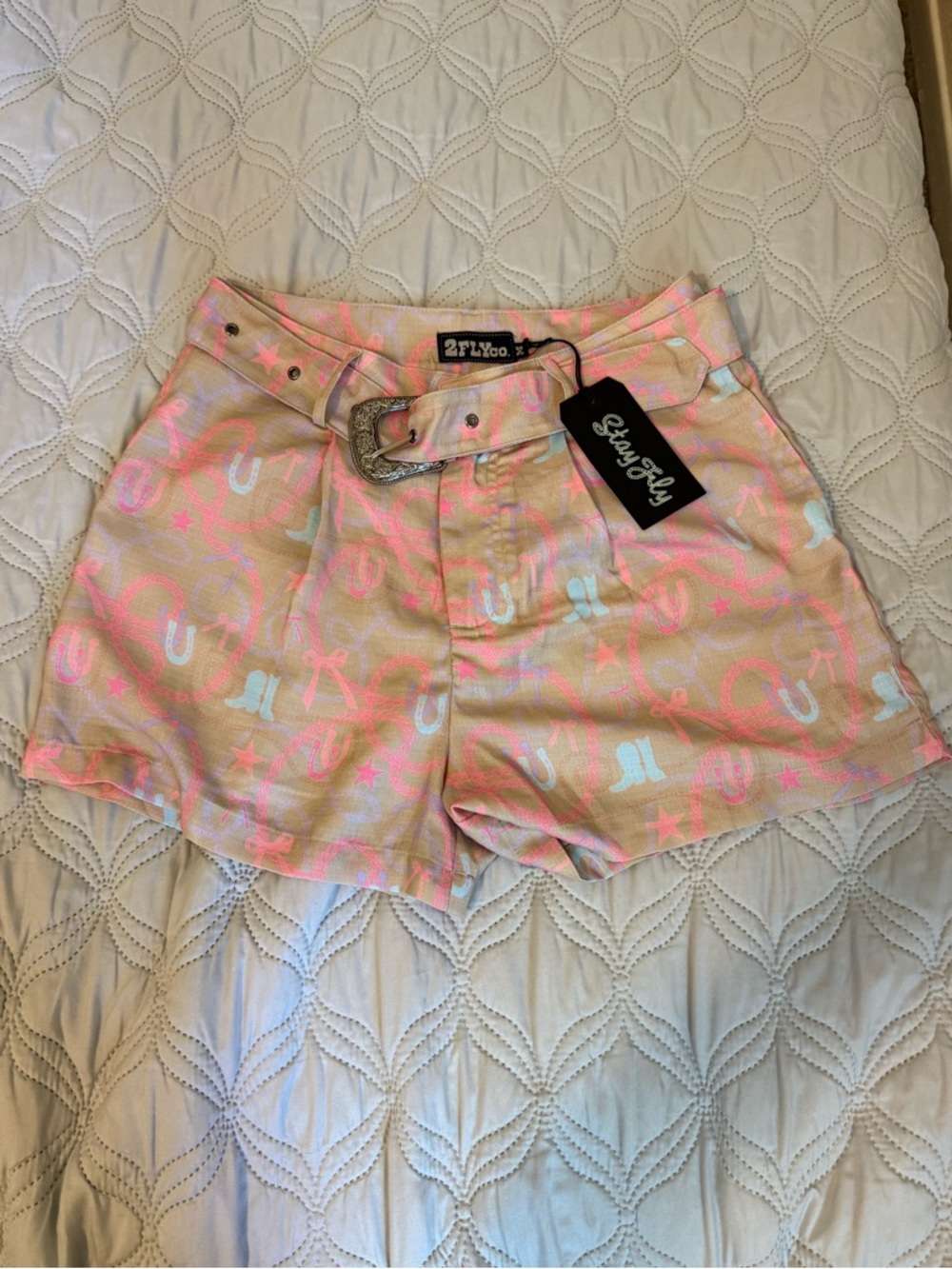2FLYCO Western Print Shorts NWT Womens Pink Tan Cowgirl Festival Belted